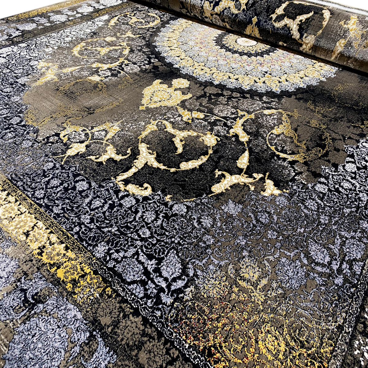 Oriental rug 170x240 cm with large shimmering gold medallions and a dark pattern