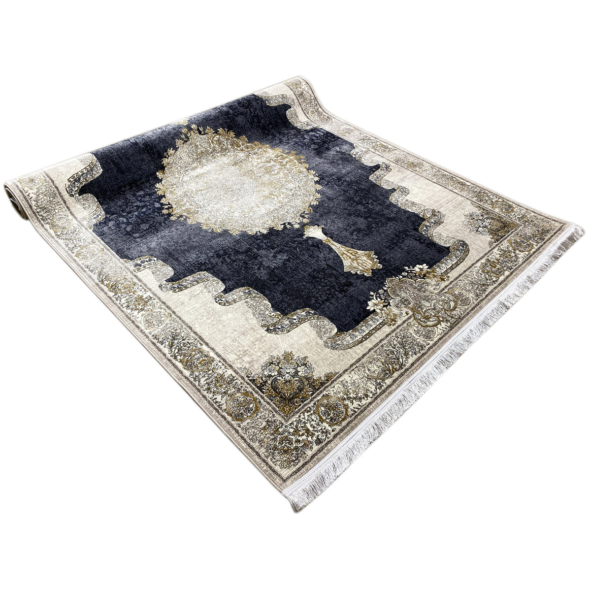 Rectangular rug with a border in light beige, dark blue, and golden decorative elements