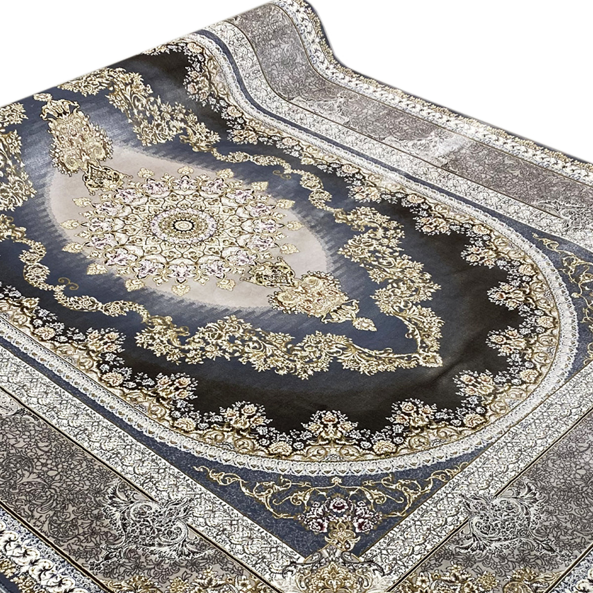 Carpet 170x240 cm close-up: dark blue surface with circular ornaments and a silver border