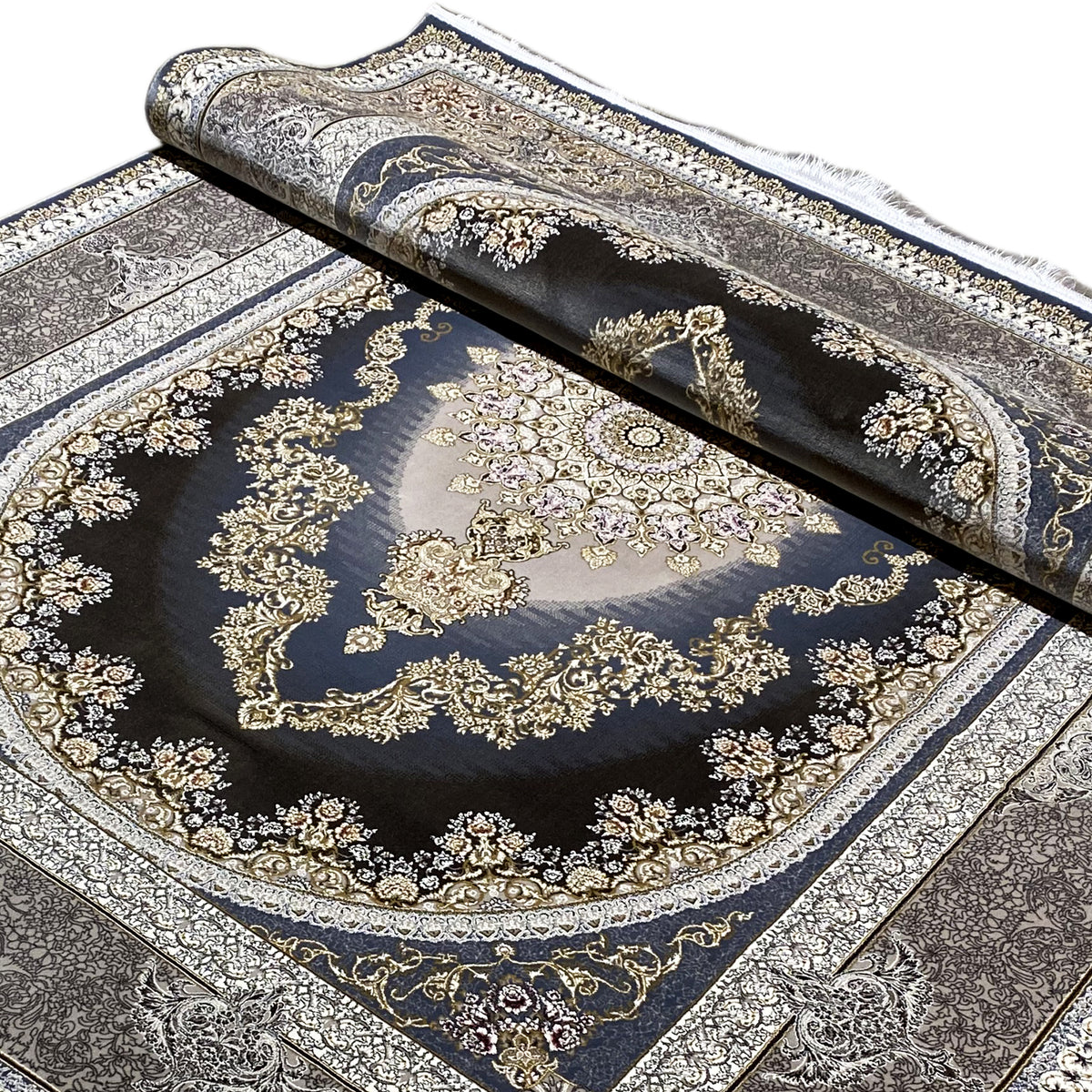 Oriental rug 170x240 cm with rolled rug edge, medallion, and gold ornaments on dark blue