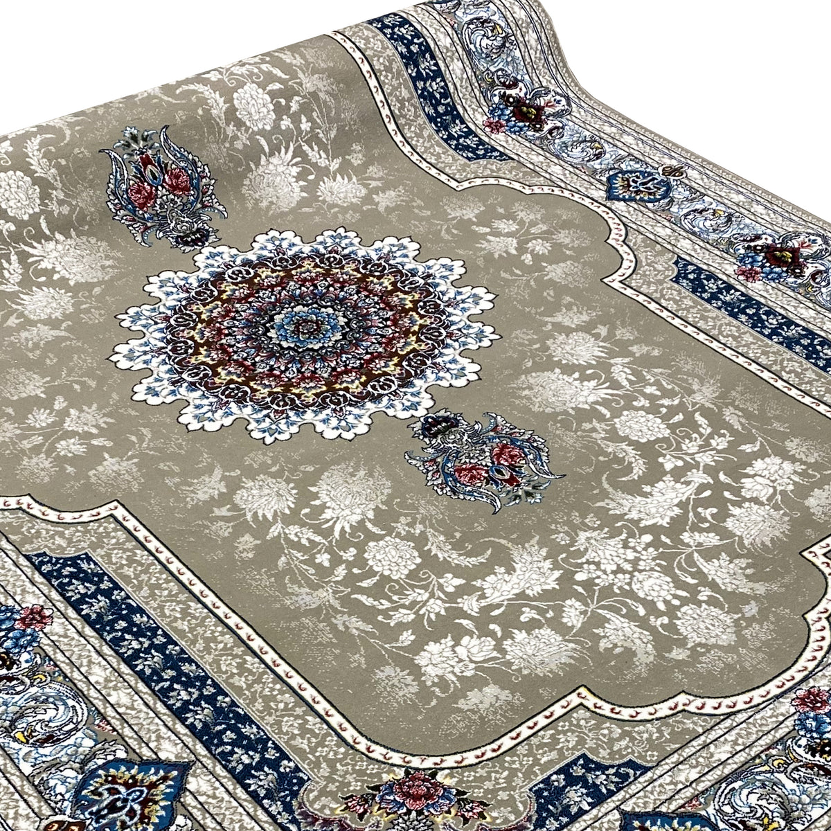 Beige rug with blue-and-white ornaments and border, central medallion