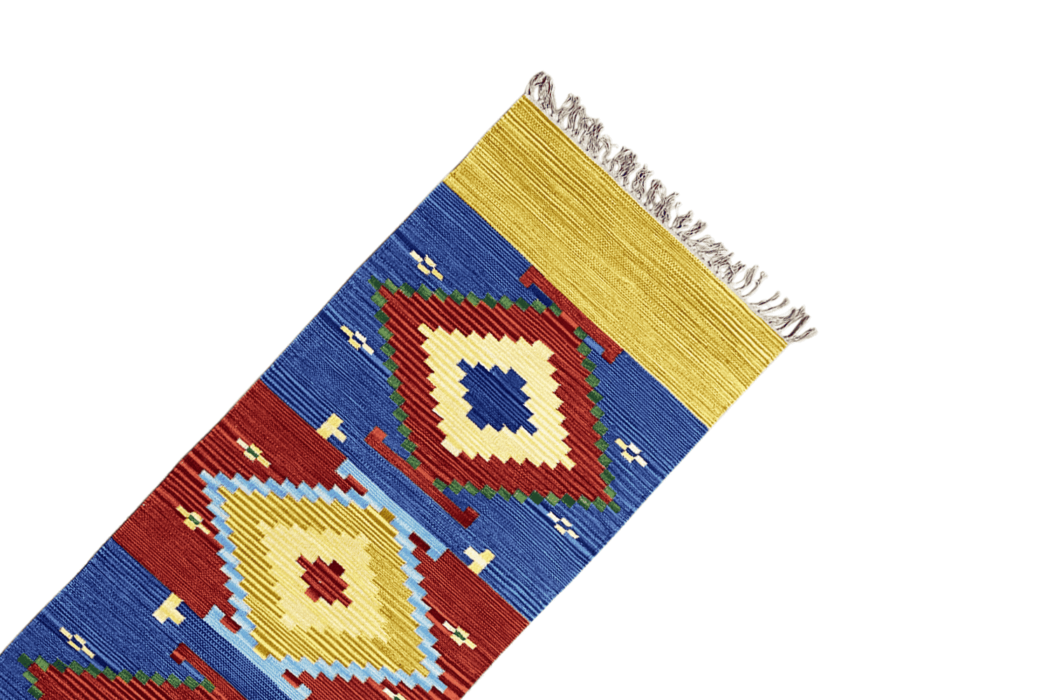 Indischer Handgewebter Kelim Dhurrie Teppich, 200x80cm (6.5x2.6ft), Buntes Geometrisches Muster - German Carpet Shop