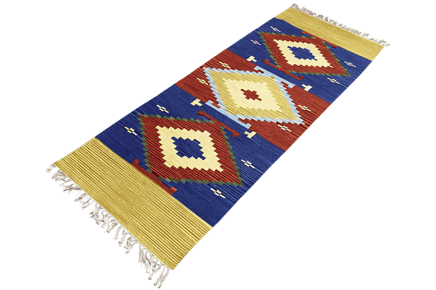 Handgewebter Wollen Kelim Dhurrie Läufer - 250x80cm (8.2x2.6ft) - Geometrisches Indisches Design - German Carpet Shop