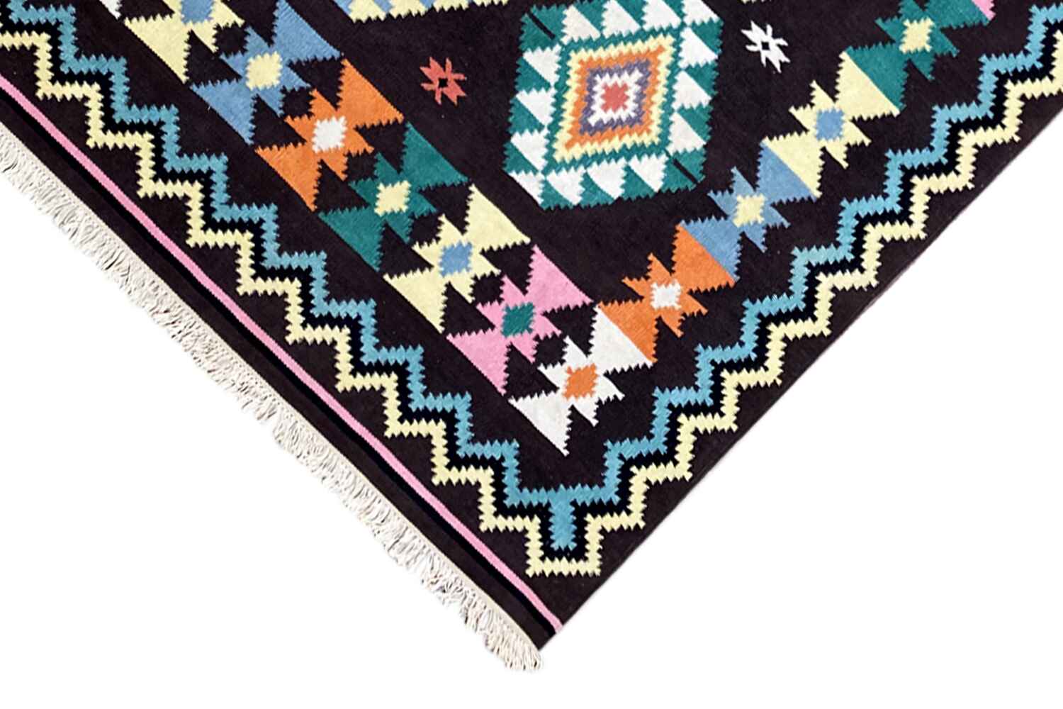 Handgewebter Wollen Kelim Dhurrie Teppich - 240x170cm (8x6ft) - Intrikates Tribal-Muster - German Carpet Shop