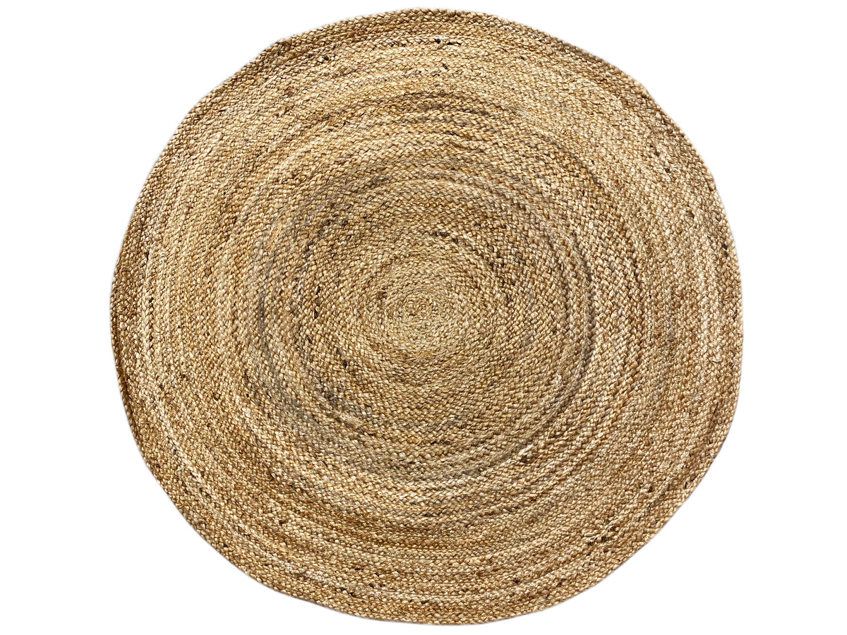 Beige, round jute rug with a spiral ring pattern, viewed from above