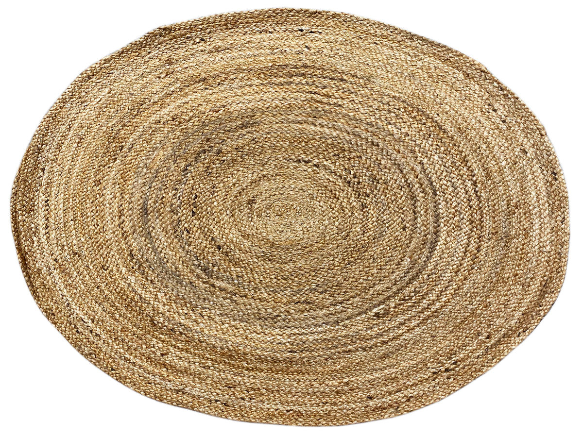Beige, round jute rug with a spiral-ring pattern and flat-woven surface