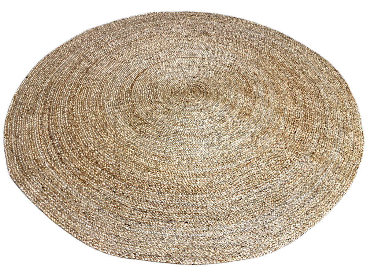 Round jute rug, approximately 170×170 cm, natural tone, spiral weave
