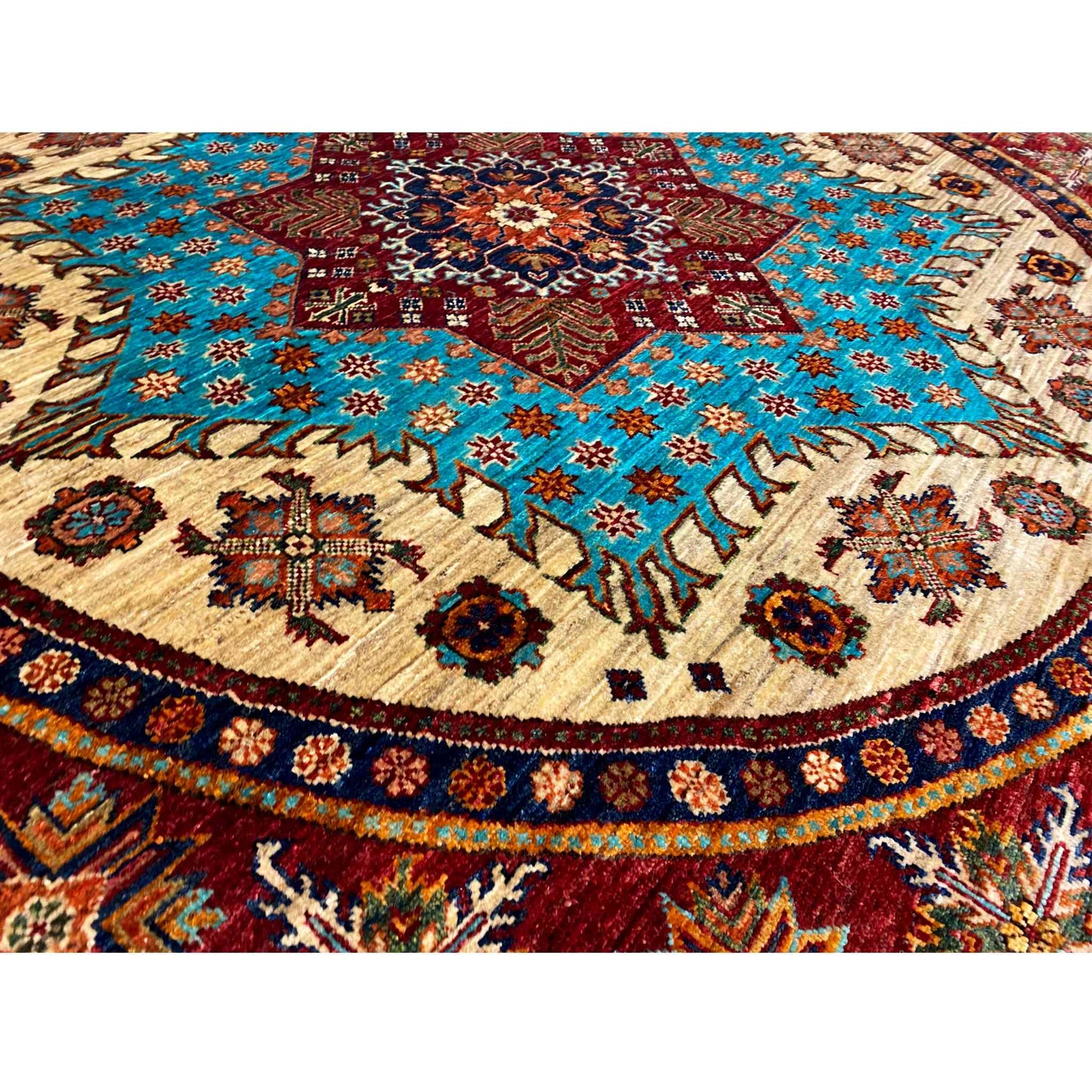 Türkis & Roter Runder Kazak Teppich, 204x204 cm - German Carpet Shop