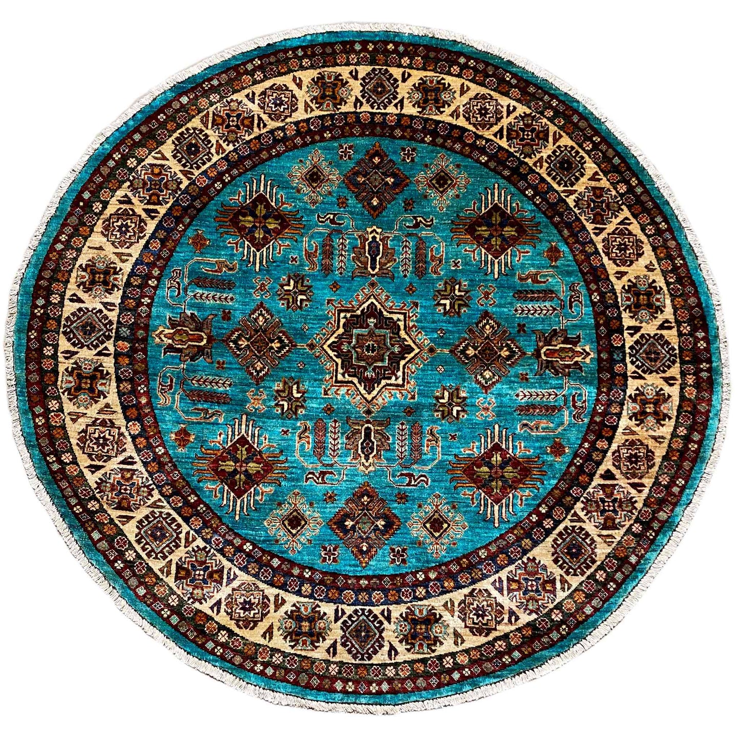 Türkisfarbener Runder Kazak Teppich, 177x180 cm - German Carpet Shop