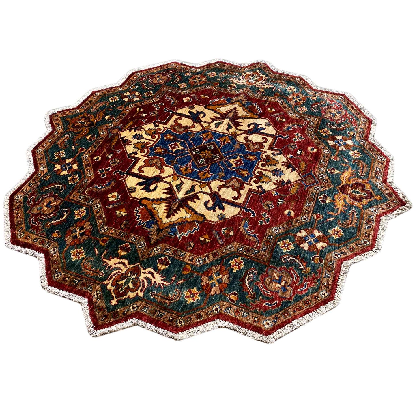 Roter & Blauer Achteckiger Kazak Teppich, 150x150 cm - German Carpet Shop