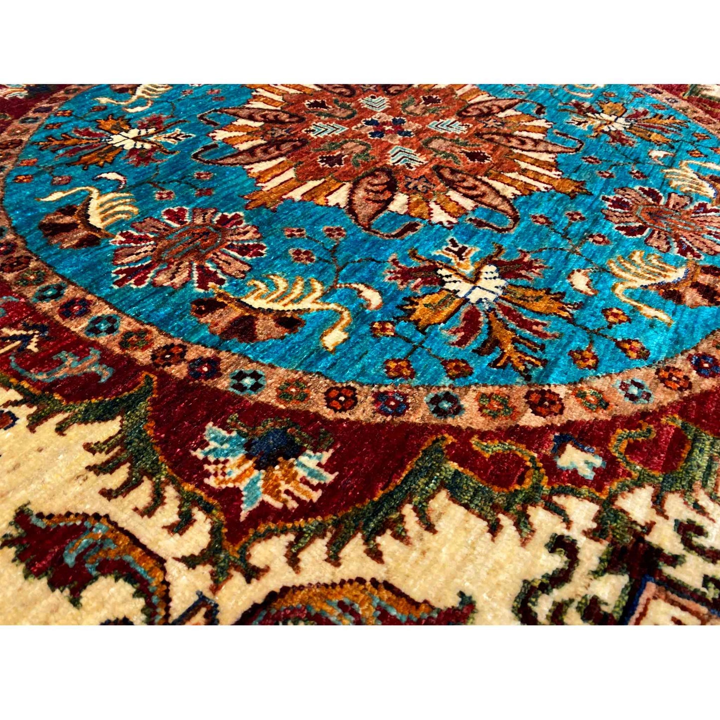 Türkis & Beiger Runder Kazak Teppich, 139x139 cm - German Carpet Shop