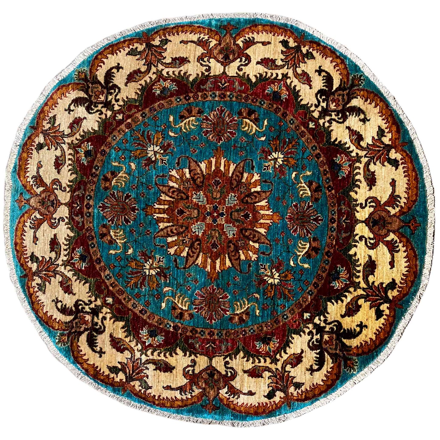 Türkis & Beiger Runder Kazak Teppich, 139x139 cm - German Carpet Shop
