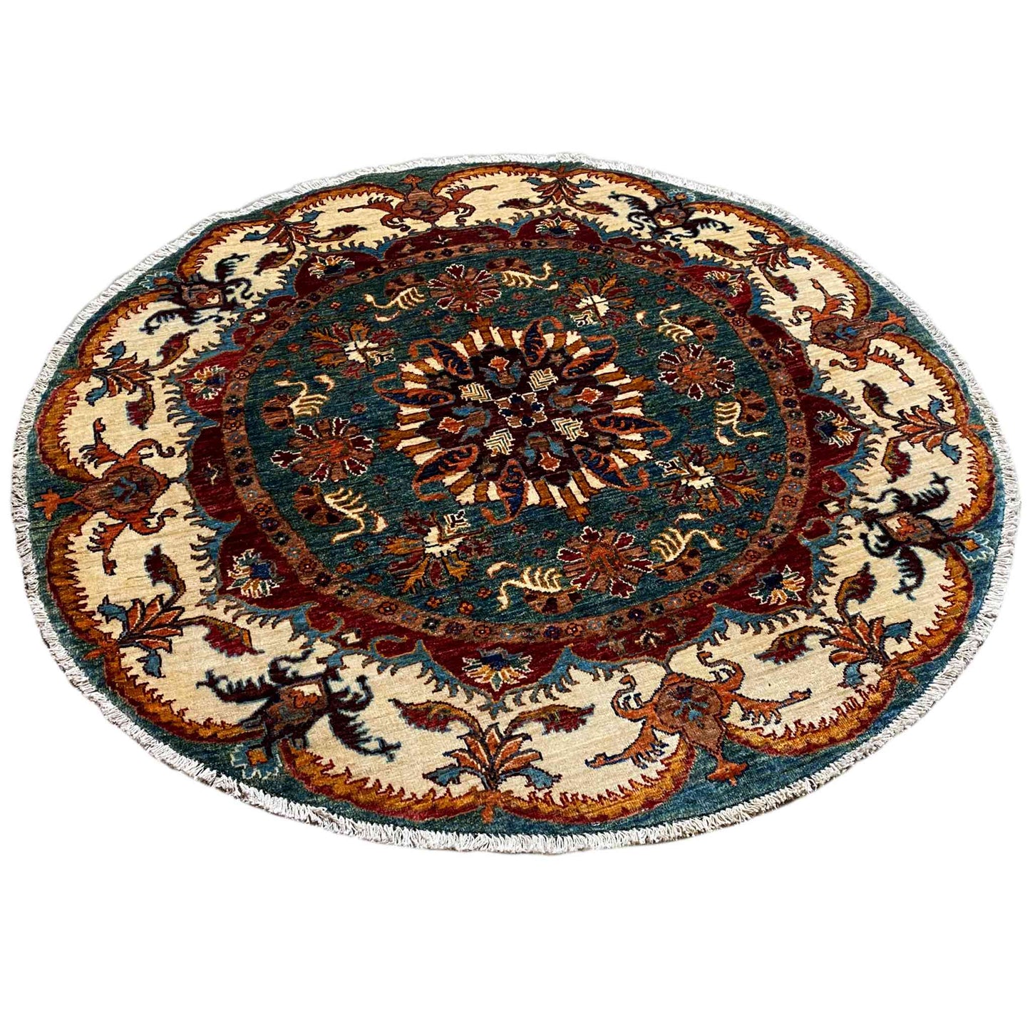 Blaugrüner & Beiger Runder Kazak Teppich, 150x145 cm - German Carpet Shop