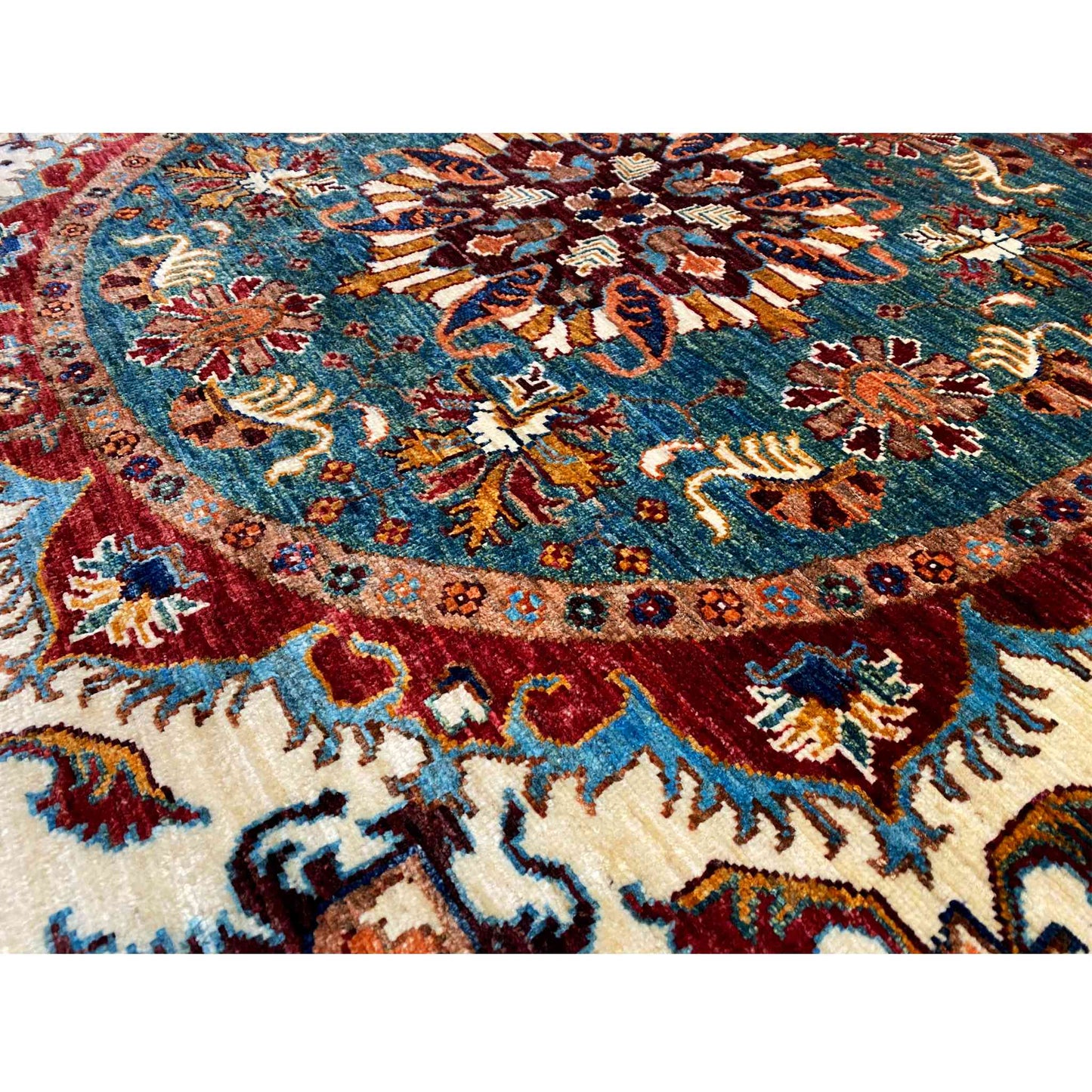 Blaugrüner & Beiger Runder Kazak Teppich, 150x145 cm - German Carpet Shop