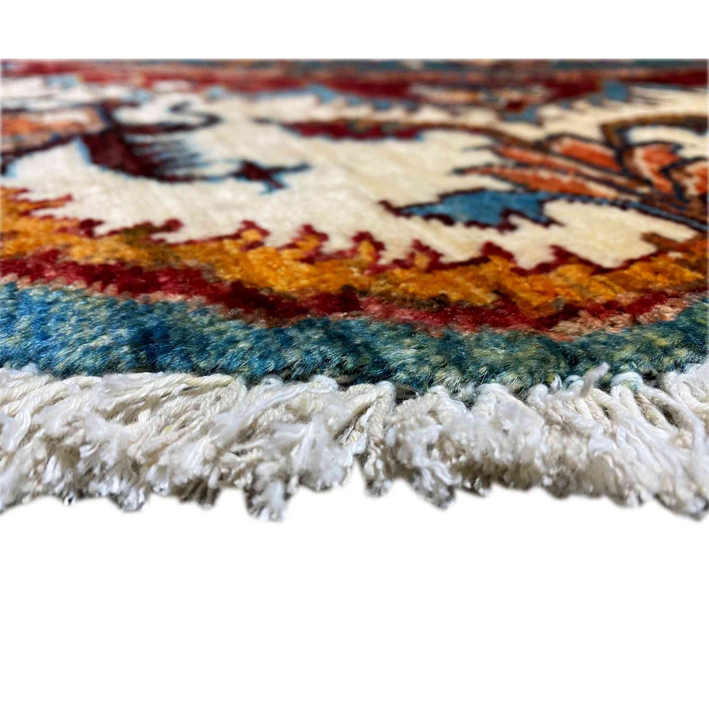 Blaugrüner & Beiger Runder Kazak Teppich, 150x145 cm - German Carpet Shop