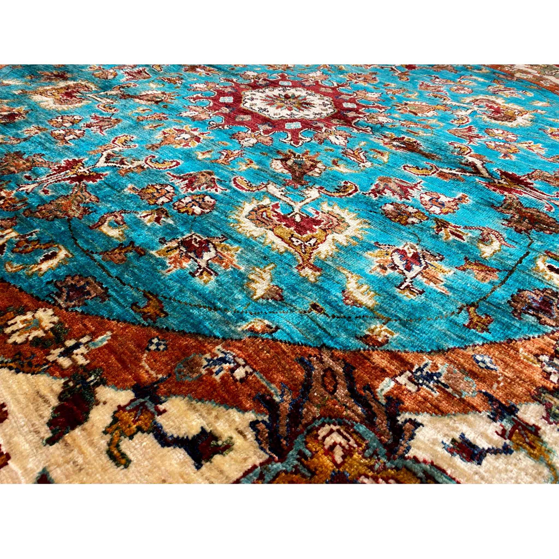 Türkis & Beiger Runder Kazak Teppich, 204x204 cm - German Carpet Shop
