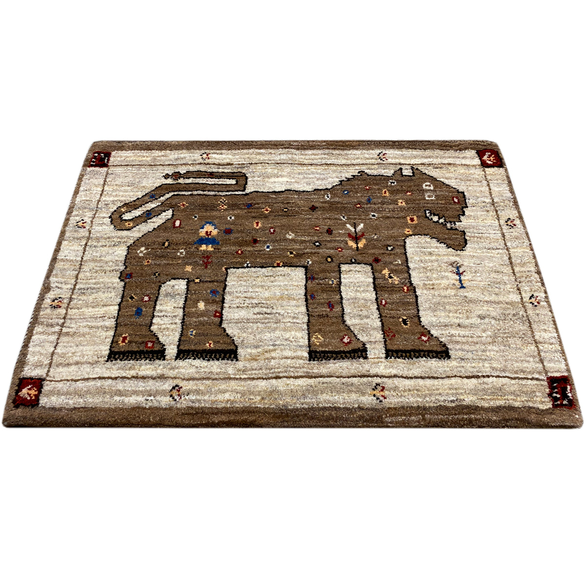 Rectangular Gabbeh rug with a stylized lion motif in dark brown and beige