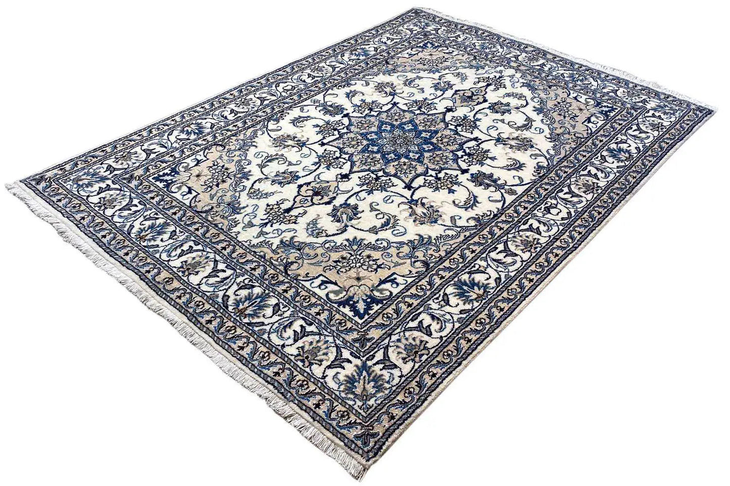 Nain rug, blue-and-white floral pattern in the central square, bordered with vines