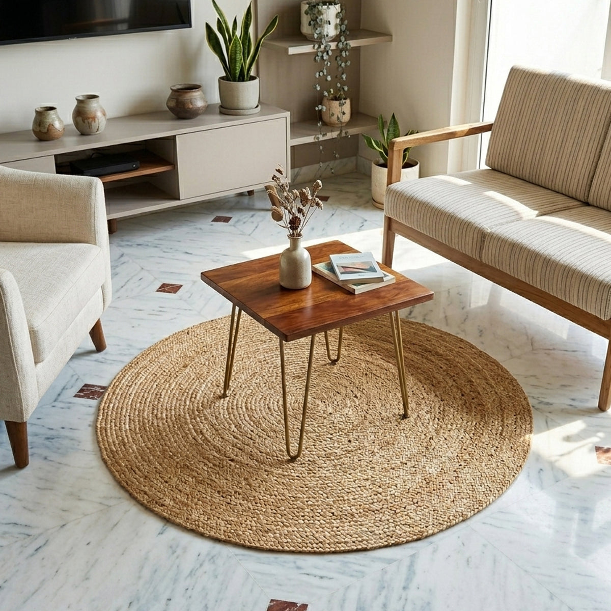 Round jute rug, natural-colored, braided, 80x80 cm