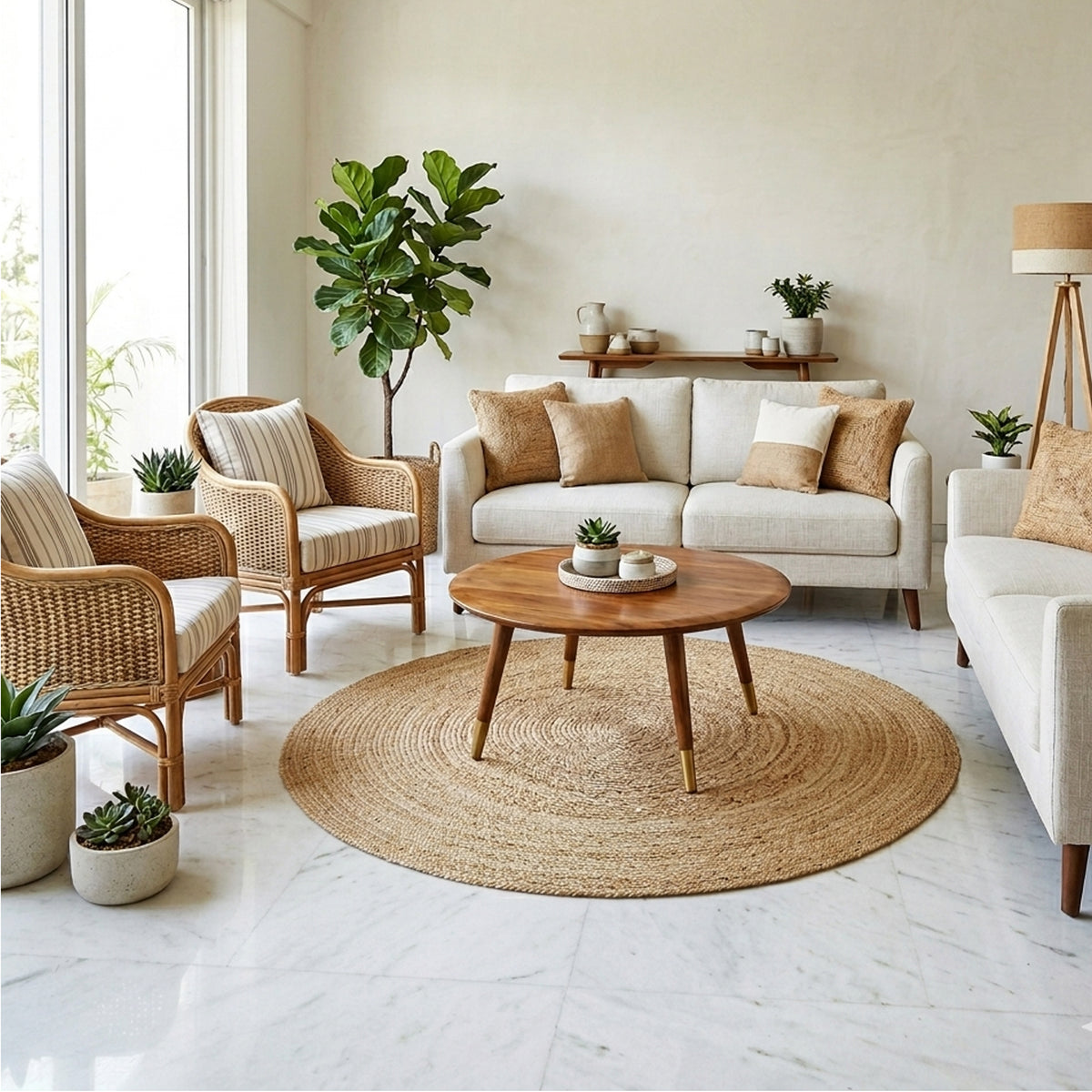 Round natural-colored jute rug with a braided texture