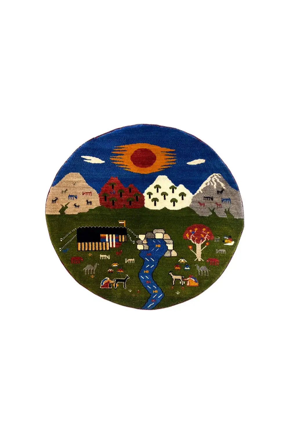 Round Gabbeh rug (101×101 cm) with a sky motif, houses, and figures