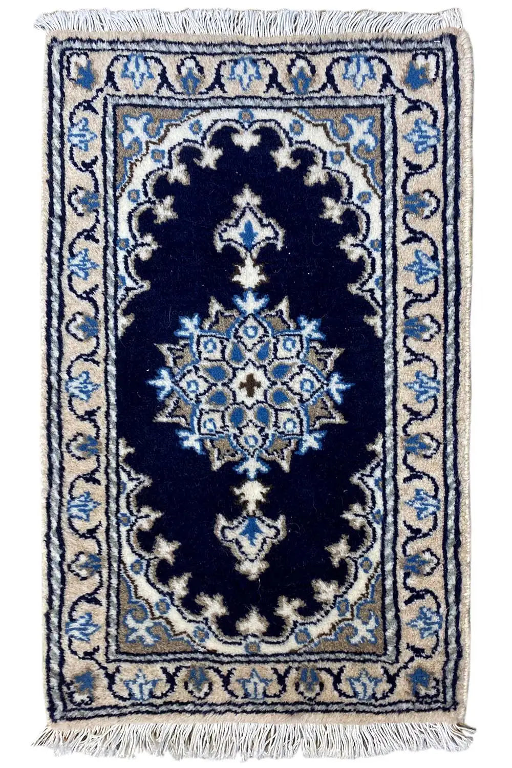 Nain rug 64x39 cm, dark blue ornamental pattern with light blue details and fringes