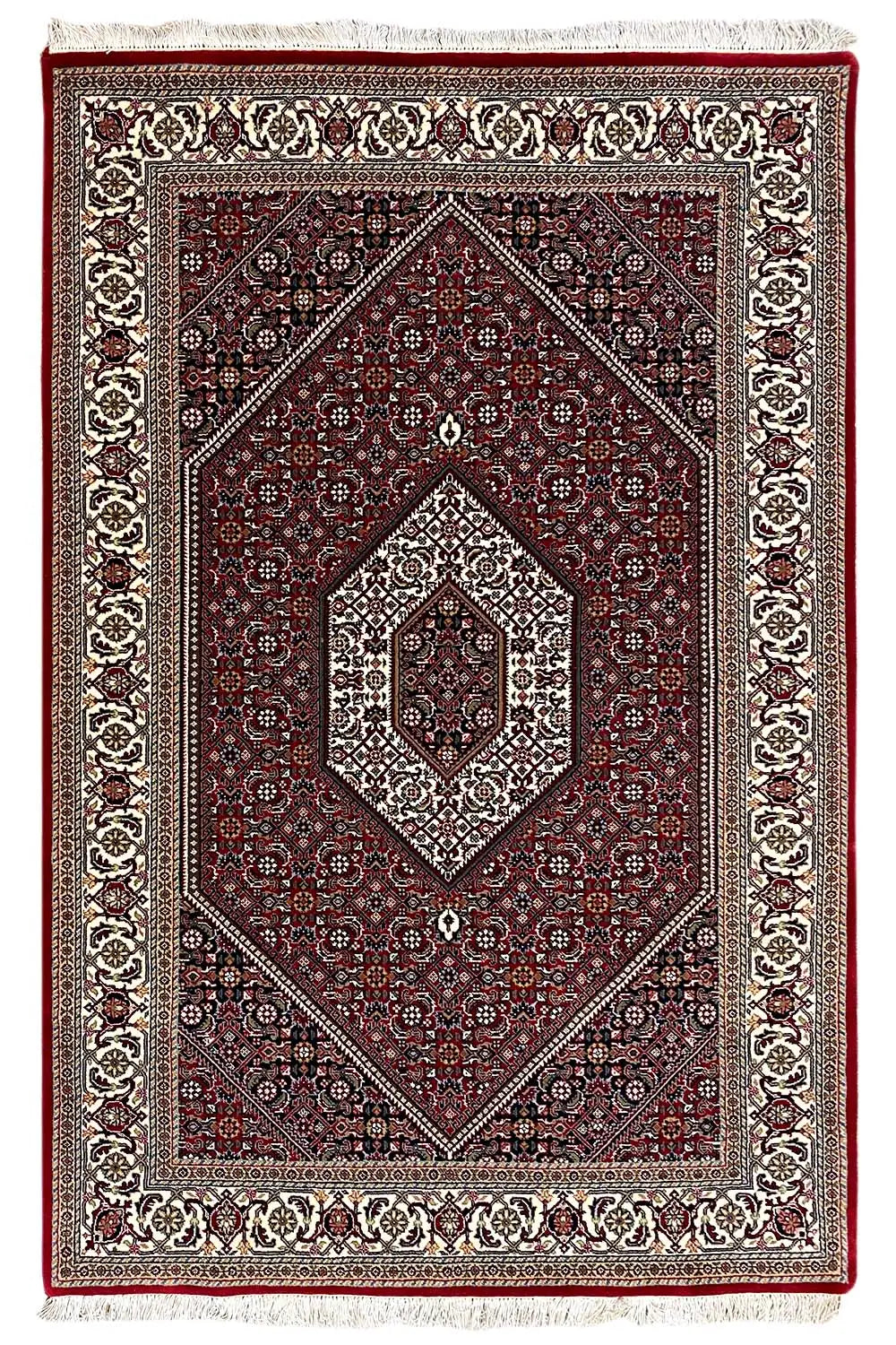 Bidjar oriental rug, framed diamond pattern in Bordeaux, cream, and dark blue