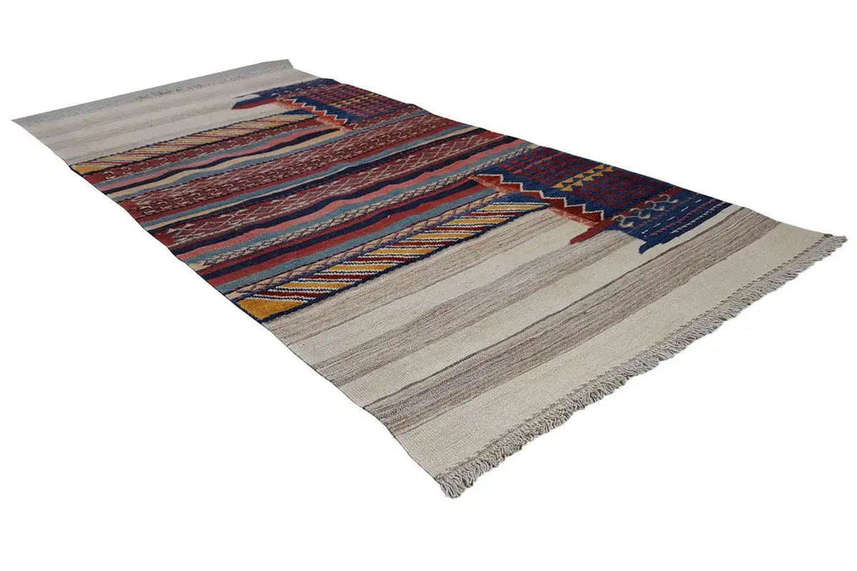 Bakhtiari kilim with a striped pattern in blue, red, and beige, woven fringes along the edges