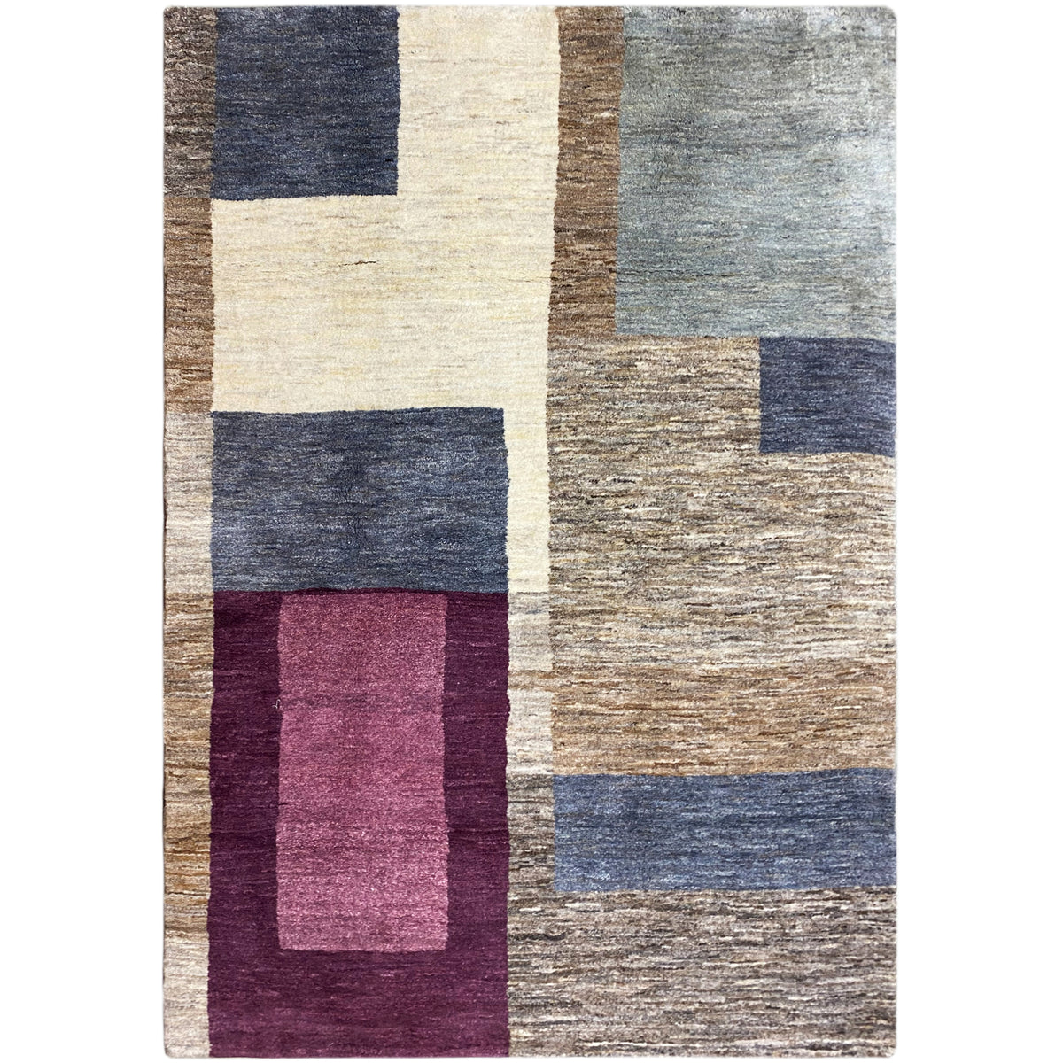 Gabbeh-Teppich mit abstrakten Rechtecken in Beige, Blau, Dunkelgrau und Bordeaux