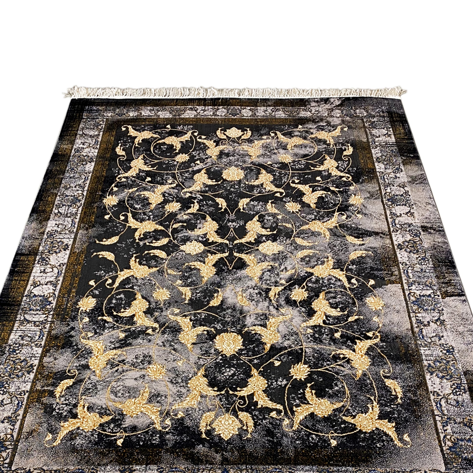 Wohnzimmer Teppich 160x230cm mit elegantem, goldenem Blumenmuster.