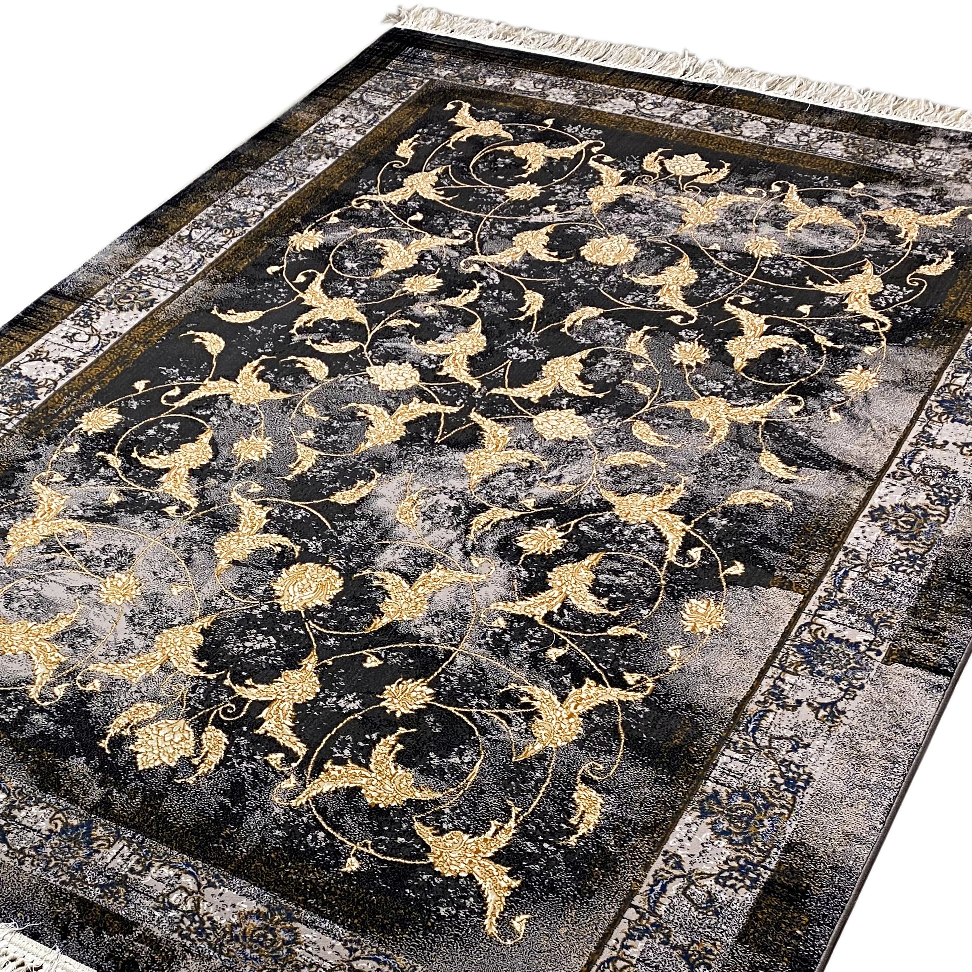 Teppich mit goldenem Blumenmuster auf schwarzem Hintergrund.