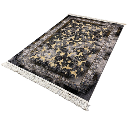 Moderner gewebter Teppich in Schwarz-Gold mit orientalischem Blumenmuster.