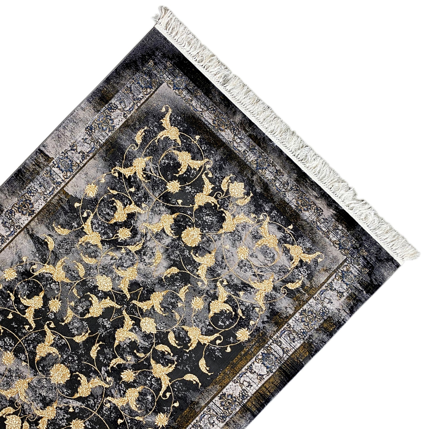 Maschinell gefertigter Polypropylen Teppich mit Fransen, detailreich.