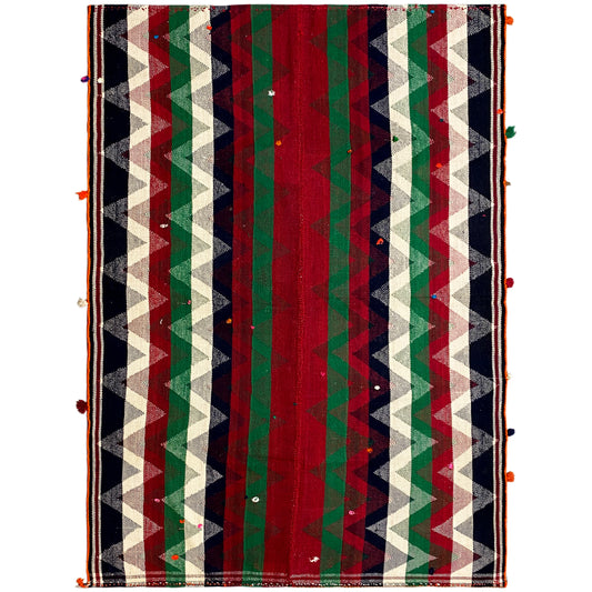 Wohnzimmer Jajim Teppich in Rot und Grün handgewebt mit geometrischem Zickzackmuster