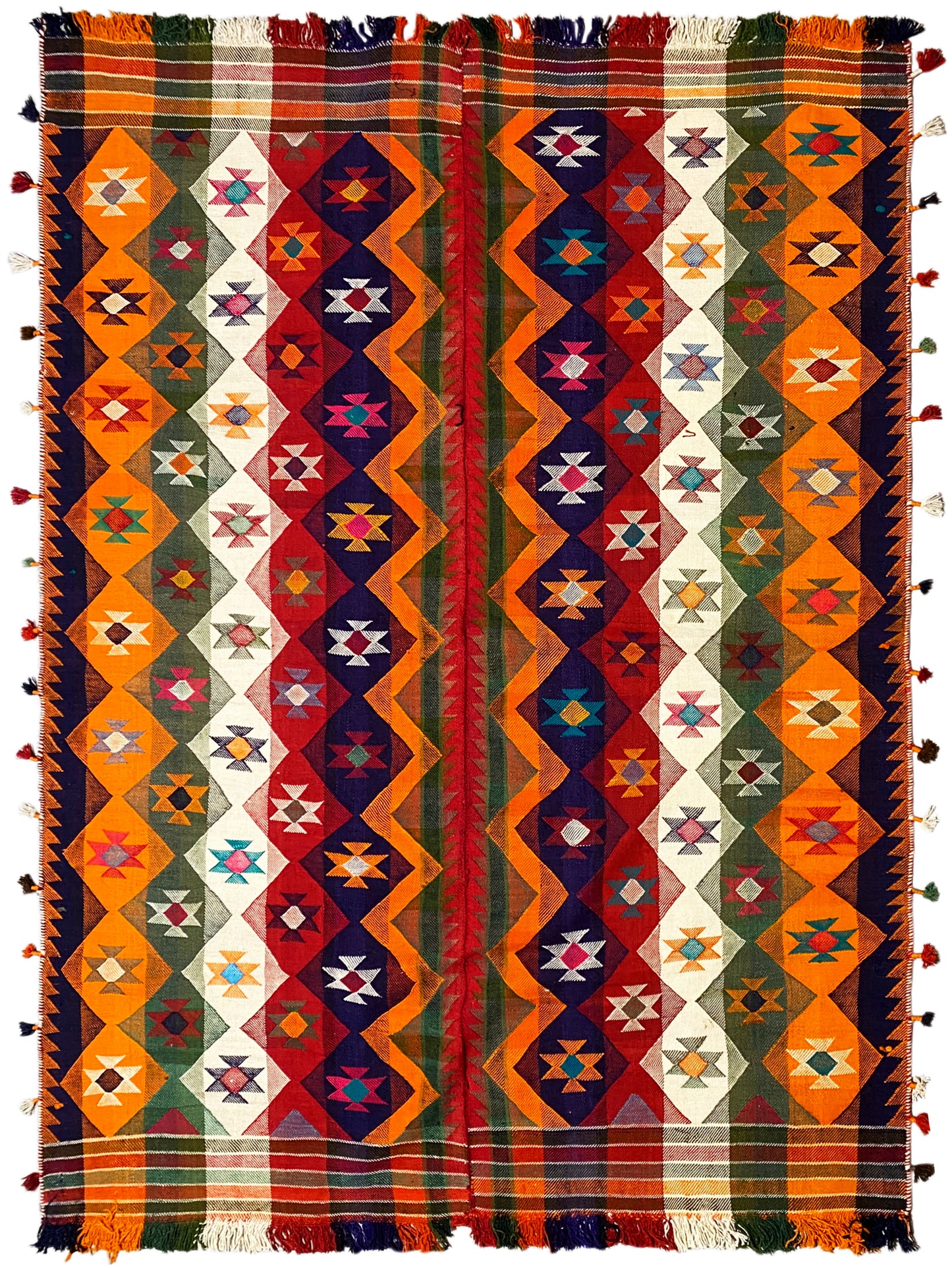 Schlafzimmer Jajim Teppich bunt mit auffälligem geometrischem Muster