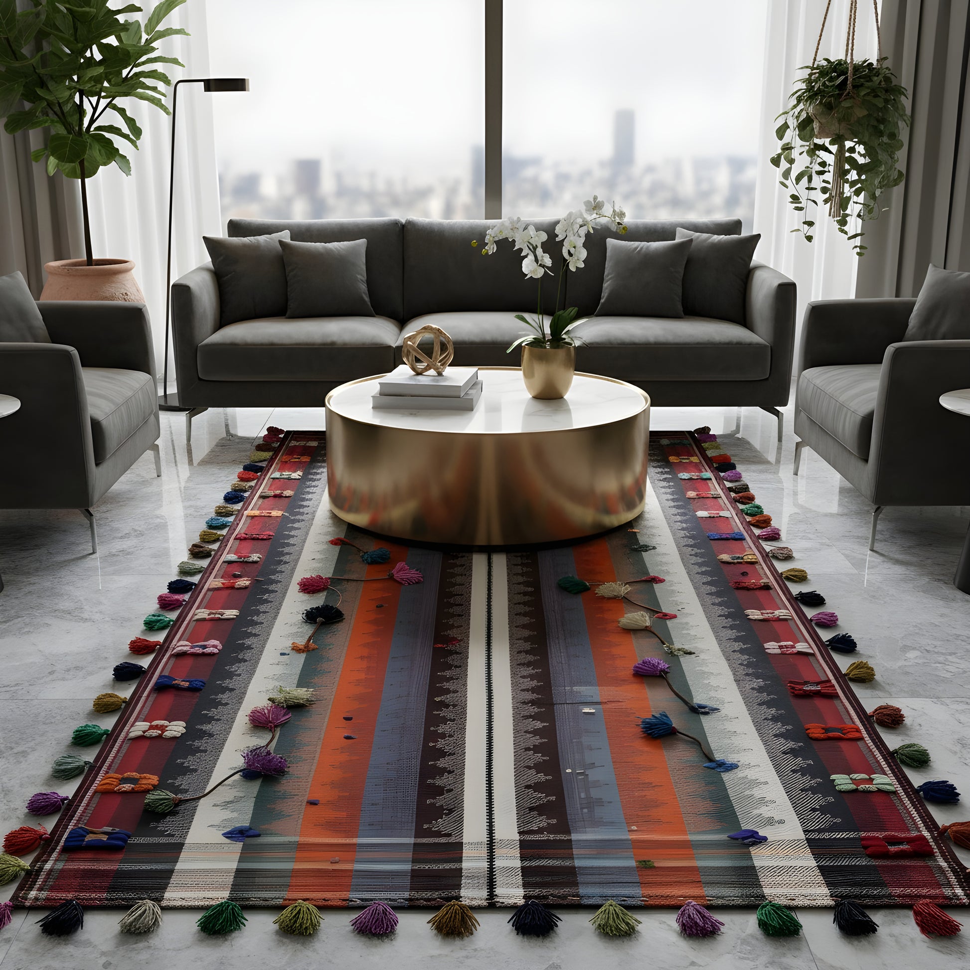 Schlafzimmer farbenfroher Jajim Wollteppich mit Boho-Stil und lebendigen Streifen