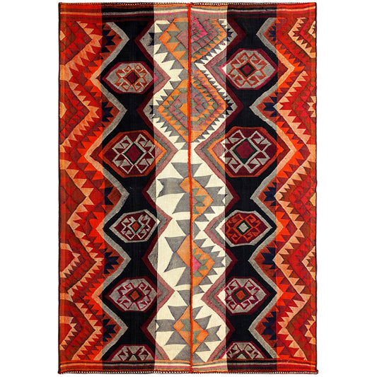 Wohnzimmer bunter Jajim Teppich handgewebt mit kräftigem geometrischem Ethnomuster