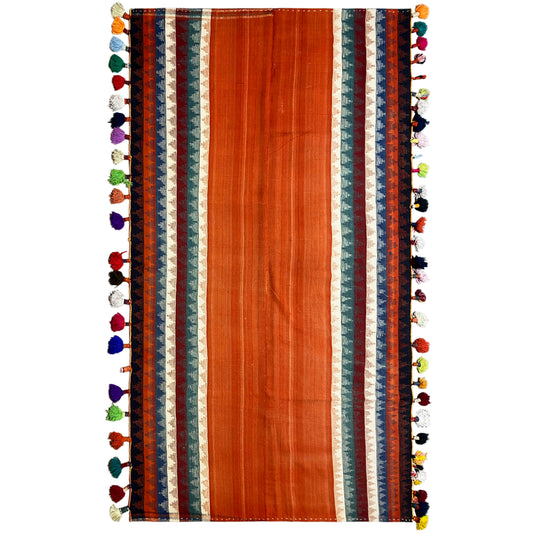 Wohnzimmer Jajim Teppich orange bunt handgewebt mit geometrischen Streifen und Troddeln