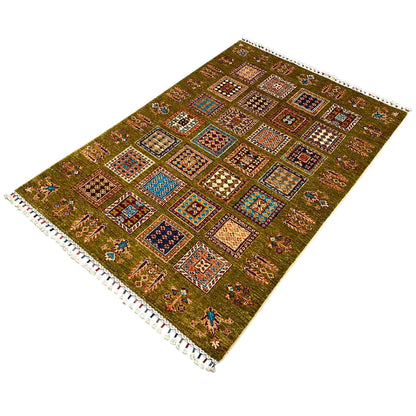 Afghanischer Khorjin Teppich, Olivgrün, 161x107 cm - German Carpet Shop