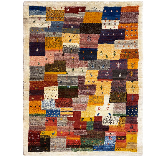 Gabbeh Luri rug, 145x105 cm, with a patchwork block pattern in warm colors