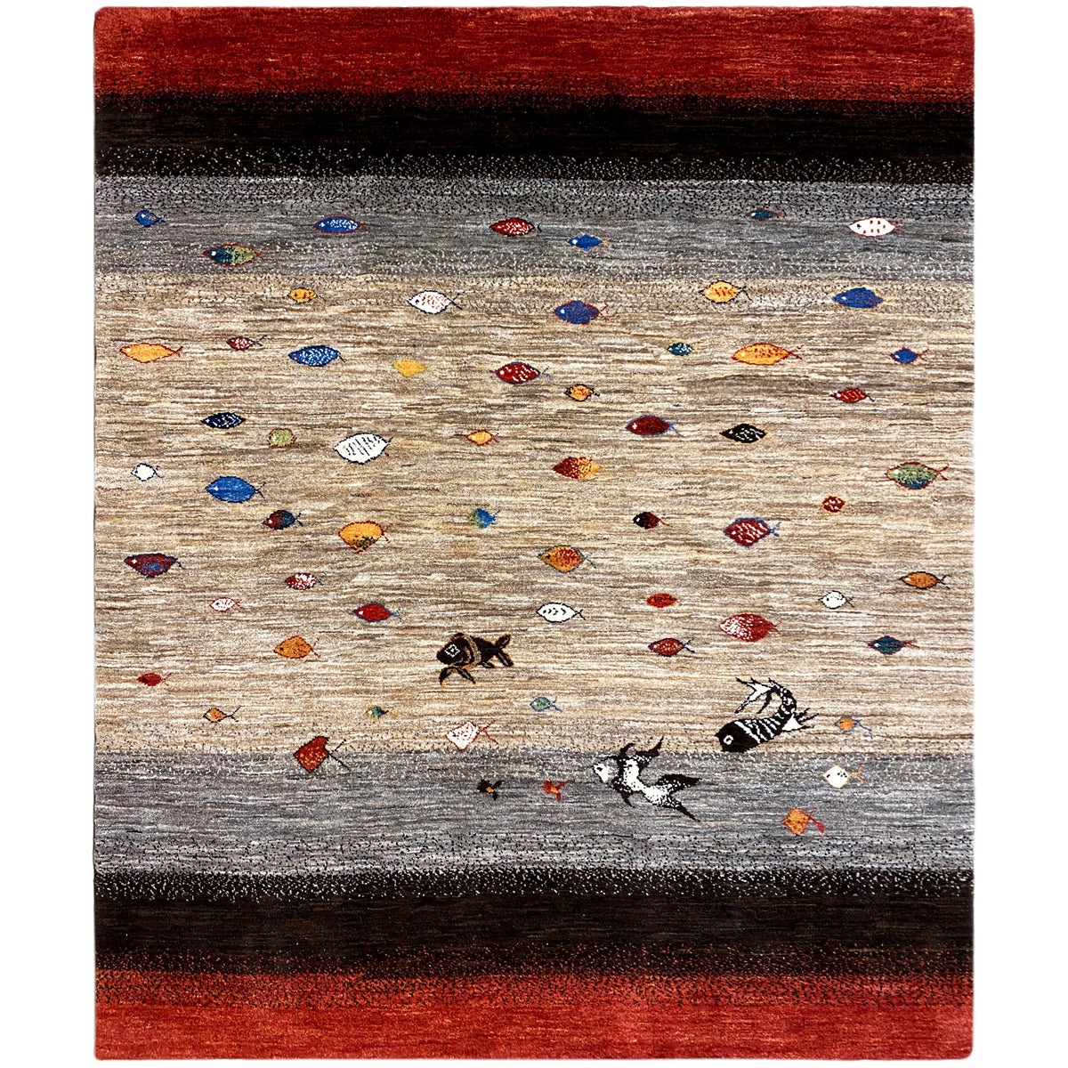 Gabbeh-Luri-Teppich (190x153 cm) in Rot, Beige und Dunkelgrau mit bunten Mustern
