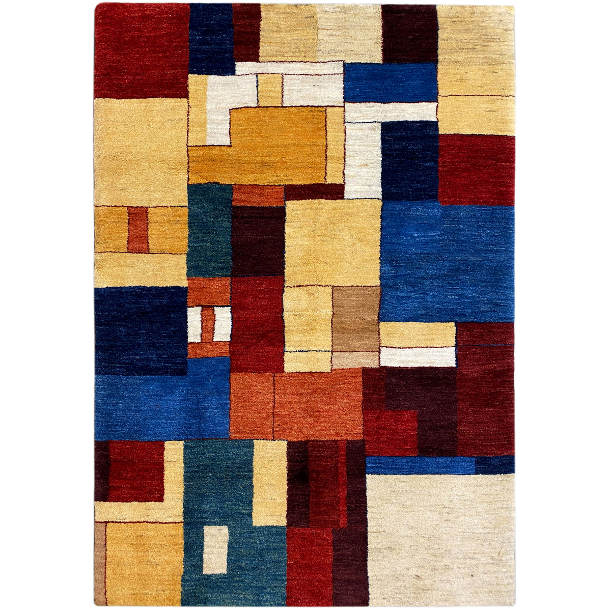Gabbeh-Luri-Teppich mit geometrischem Patchwork aus Rot, Blau und Beige.