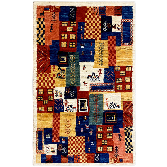Gabbeh-Luri rug 158x86 cm with patchwork design in blue, red, and ochre