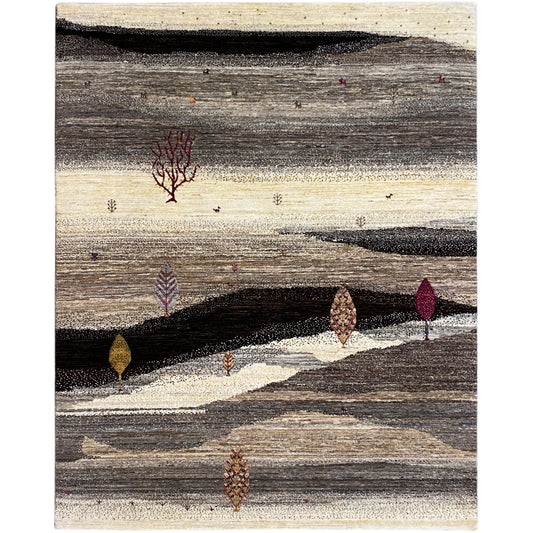 Gabbeh Luri rug with a banded pattern in dark brown, gray, and cream