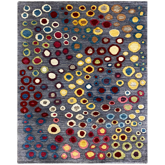 Gabbeh Luri rug with a gray background and colorful circular and oval patterns, 205x147 cm