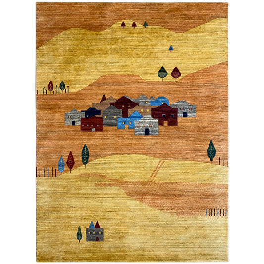 Rug with a yellow-brown base and a colorful village pattern in blue, red, and green