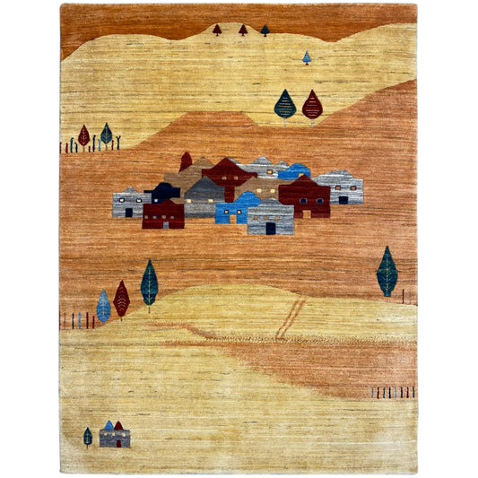 Gabbeh-Luri rug with a geometric pattern in brown, beige, blue, and red, rectangular