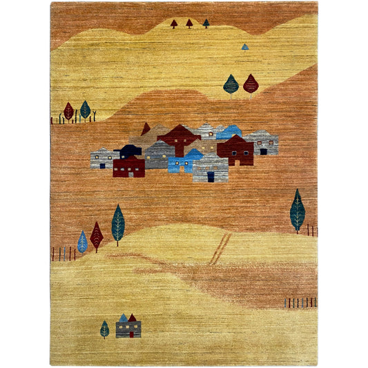 Carpet with a pattern of houses and trees in yellow, brown, blue, and red