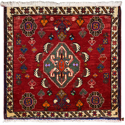 Poshti rug 58x57 cm, red hand-knotted rug with geometric pattern and fringes