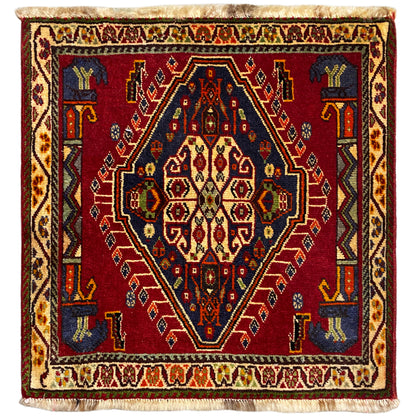 Poshti rug (59×61 cm) with a red all-over pattern, multicolored borders, and fringes